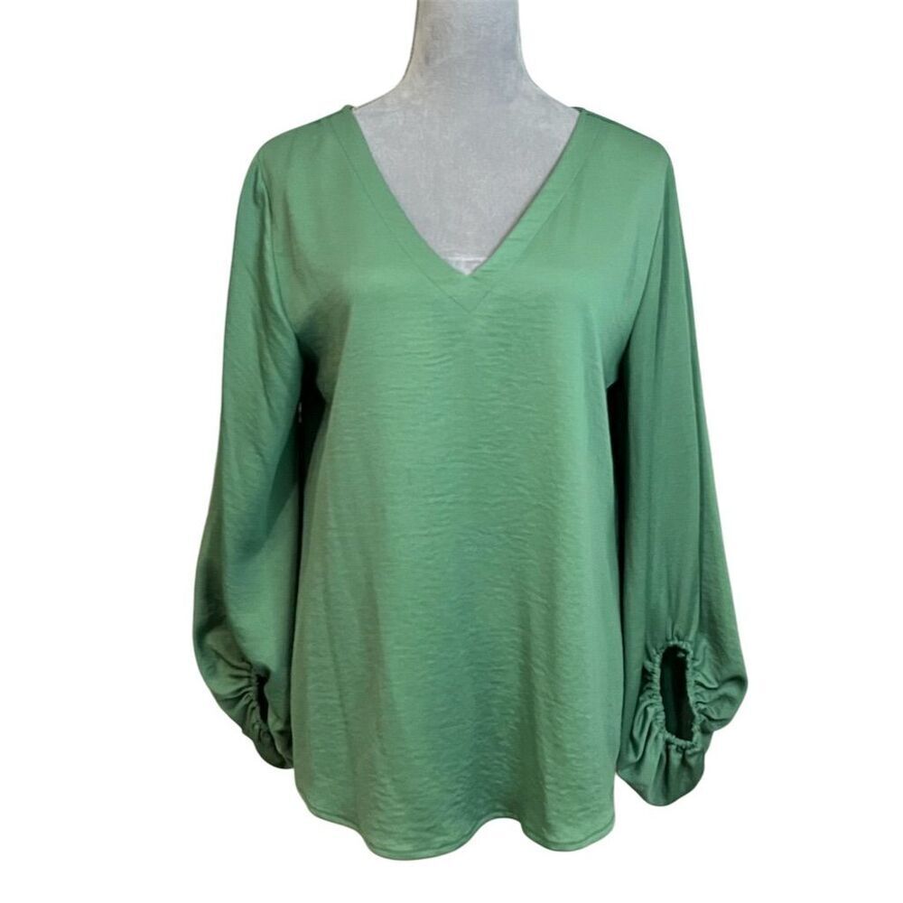 Ivy Jane Lantern Sleeve V-Neck Blouse Top Green S/M Work Career Job